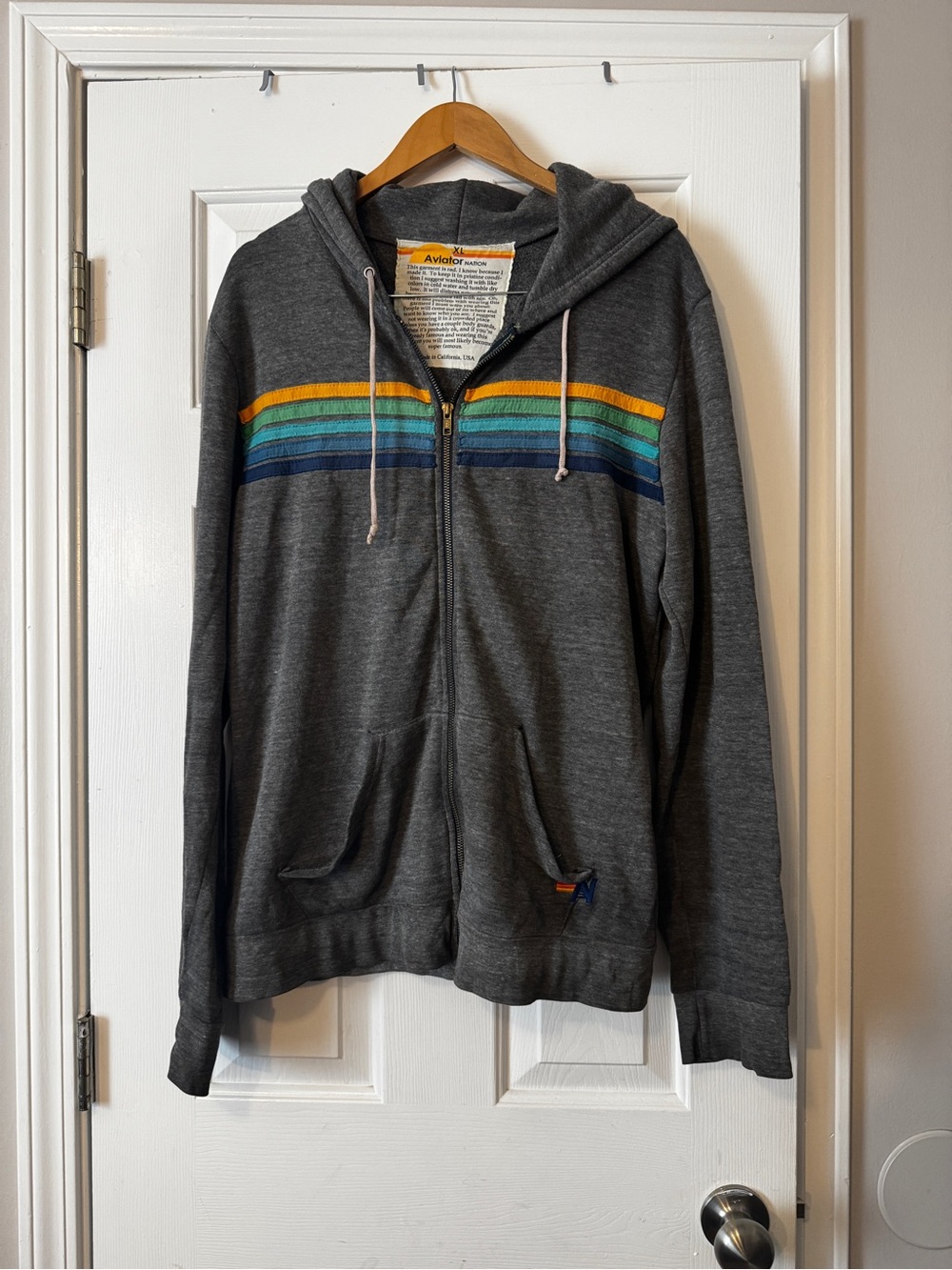 Aviator Nation 5 Stripe Zip Hoodie Heather Grey Mens XL *SEE DESCRIPTION*